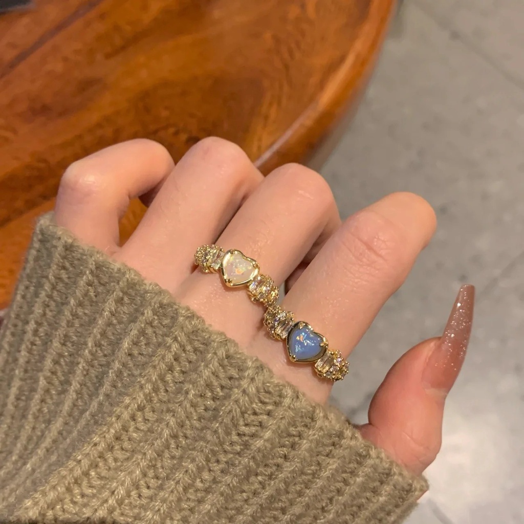 Cincin Emas Desain Hati Hias Batu Opal Biru Untuk Wanita