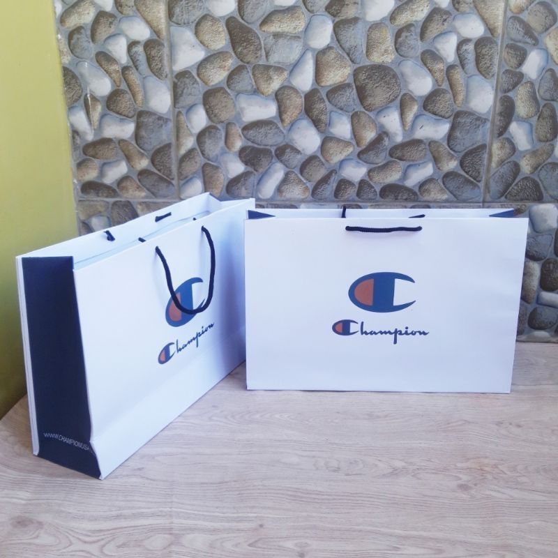 Paperbag Champion Biru Putih Pembungkus Kado Baju dan Sweater Thrift Paper Bag Jaket