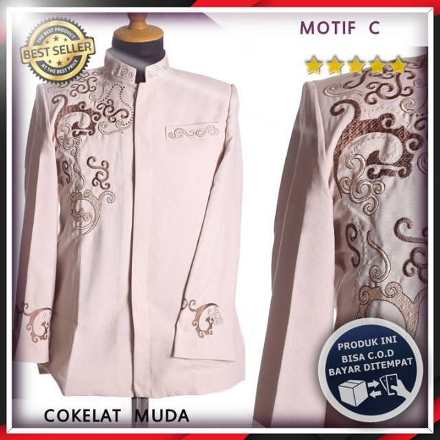 Jas Koko, Jasko, Jaskoko Pria Muslim Modern Original Bordir Bahan Import, Motif C Cokelat Muda, COD