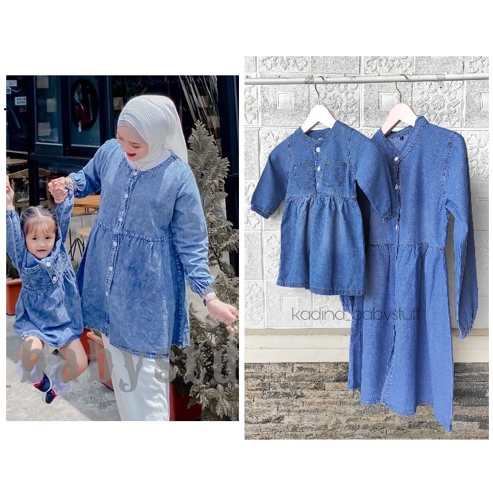 DRESS JEANS COUPLE IBU dan ANAK/ DRESS JEANS SNOW WASH BLUE ANAK PEREMPUAN/ DRESS JEANS WANITA / BAJ