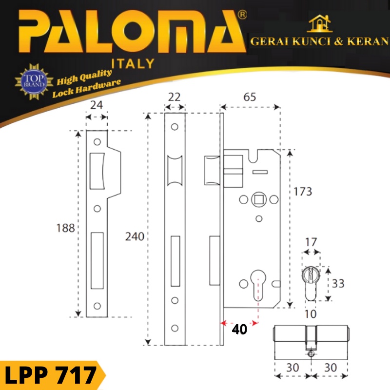 Kunci Set PALOMA LPP 717 Handle Mortise Cylinder Lock Gagang Pintu