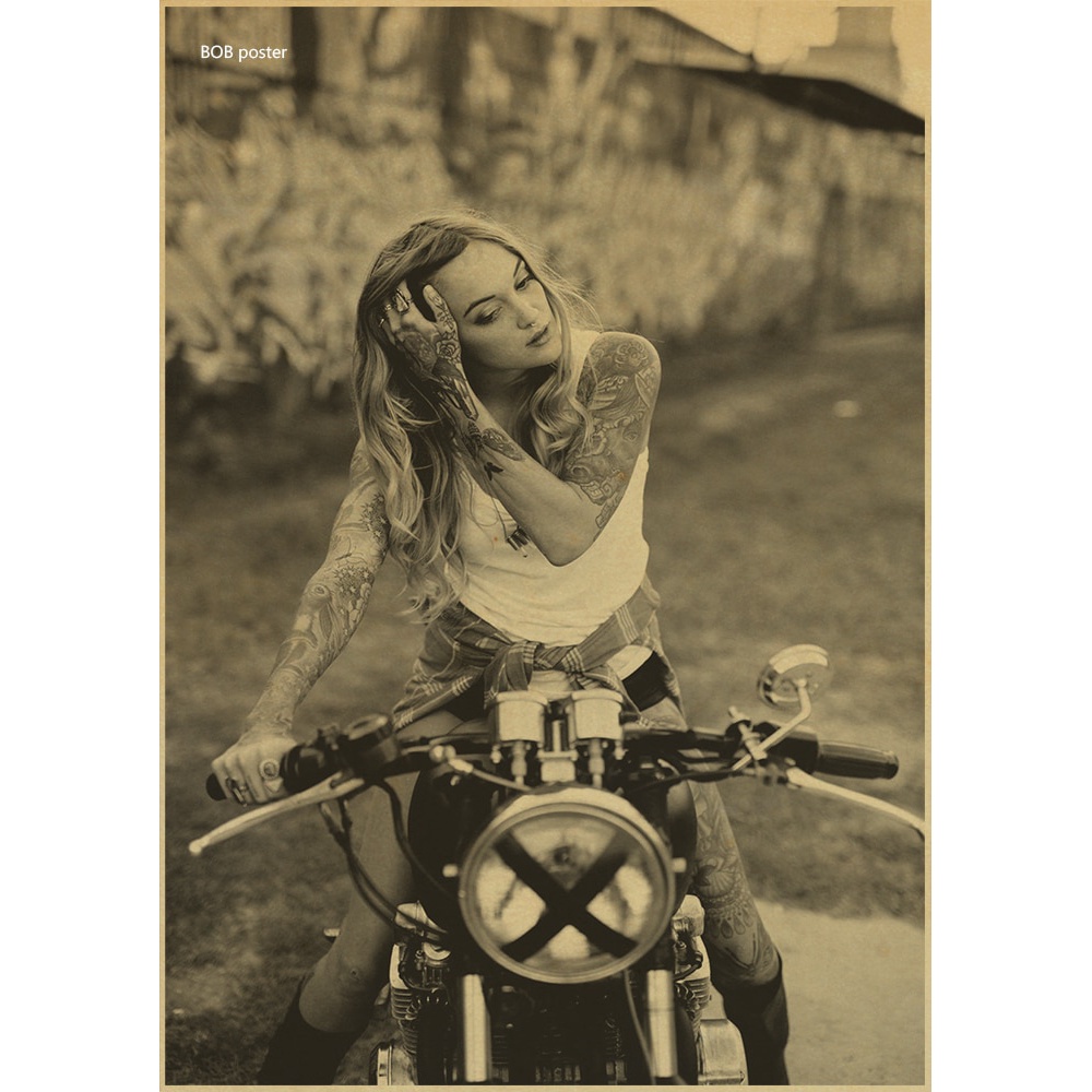 Vintage Sexy woman punk  poster Motorcycle Retro kraft paper Poster home bar Decorative wall sticker