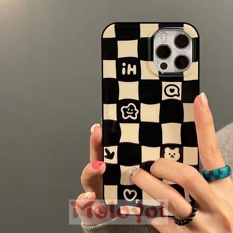 Soft Case Tpu Motif Kotak-Kotak Hitam Putih Untuk iPhone 11 13 12 Pro Max XR X 7 8 Plus Xs Max SE 2020