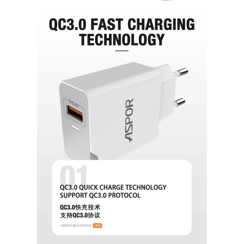 Aspor Charger dengan Quick Charge 3.0 Fast charging