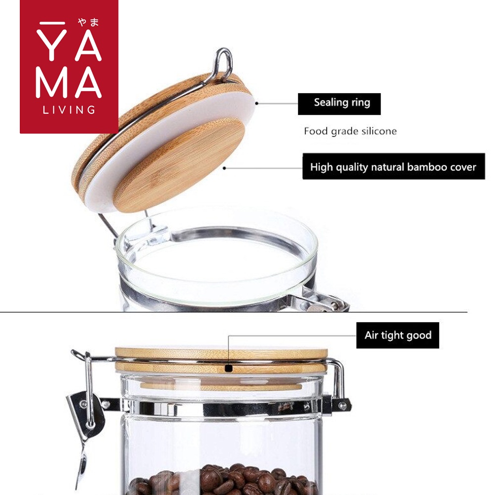 YAMA KURO Seasoning Bamboo Jar Toples Kaca Kedap Udara Tempat Bumbu Dapur Bambu Borosilicate Glass