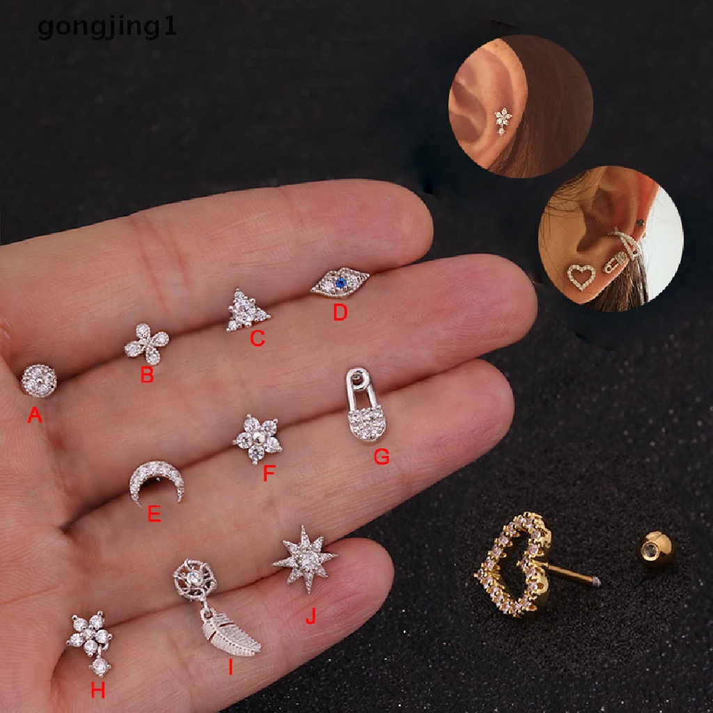 Anting Stud Kristal Berlian Imitasi Bentuk Bunga Bulan Helix Cartilage Body Piercing