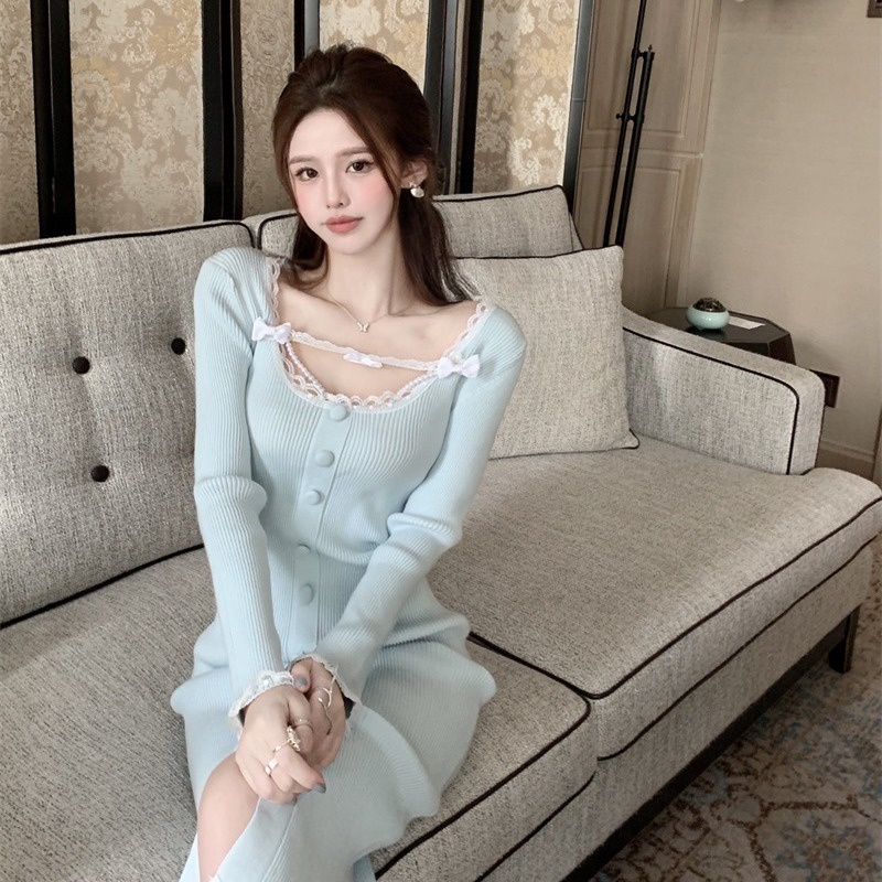 midi dress korea jahitan renda dipangkas busur lengan panjang rajutan gaun pinggang tinggi tombol wa