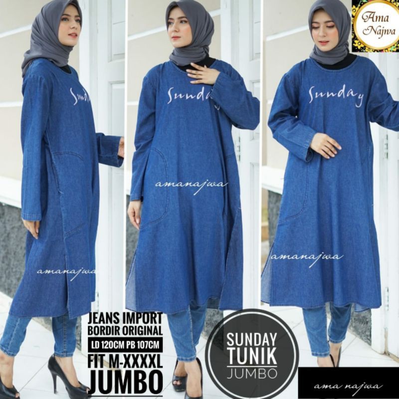 [ Terbaru ] Jual Tunik jumbo import Sunday Bahan jeans import Ld 120 pb 107  jeans By Ama Najwa