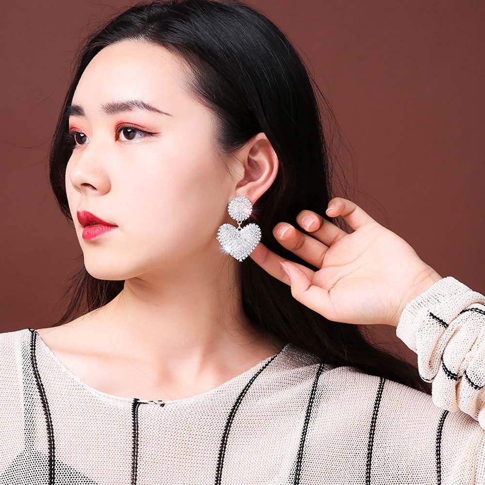 Needway   Stud Earrings Elegan Shiny Temperamen Aksesoris Cinta Hati Penuh Berlian Imitasi Shiny Crystal Menjuntai Earring