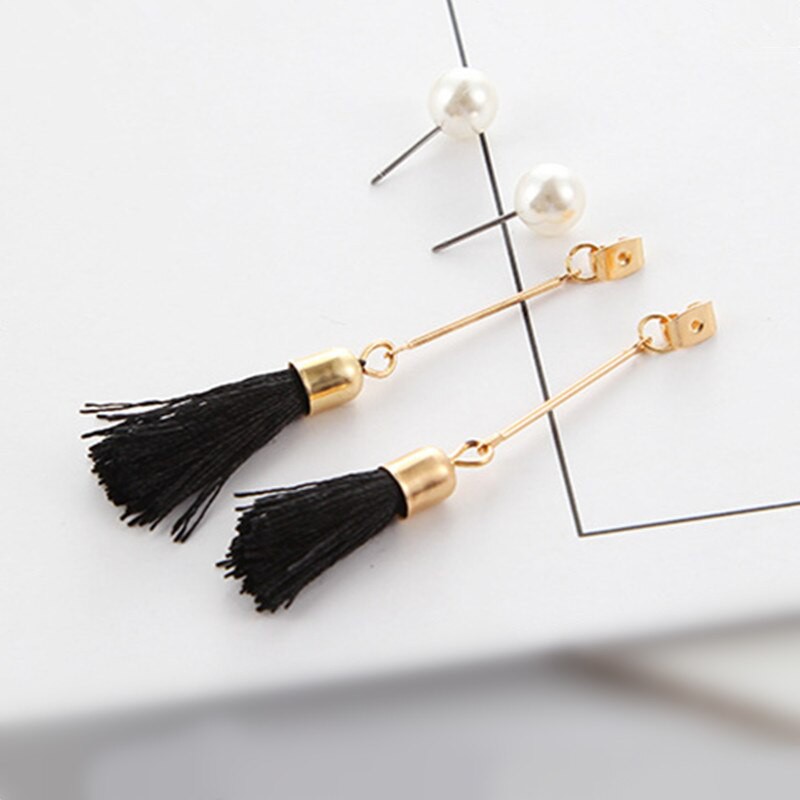 Anting-Anting Untuk Wanita Panjang Rumbai Anting-Anting Bohemian Hitam Dan Putih Mutiara Imitasi