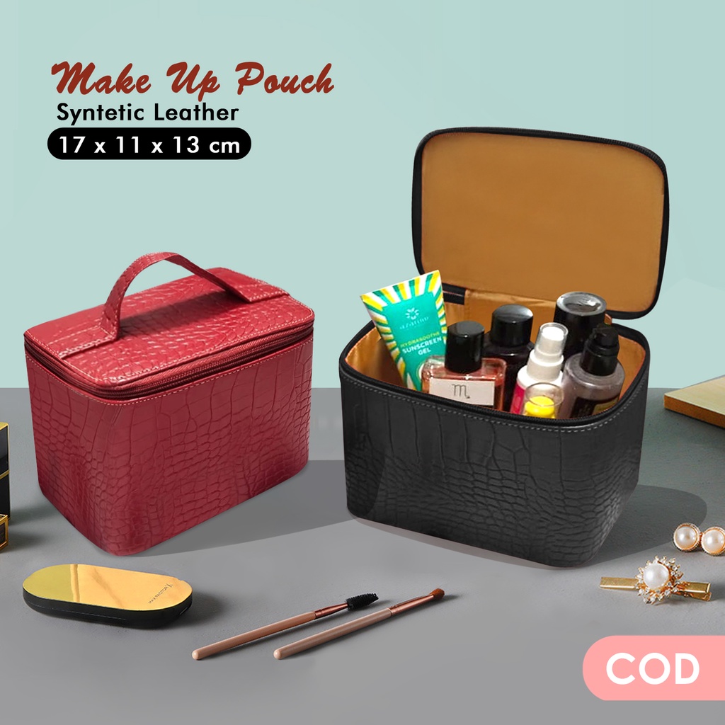 Tas makeup wanita kulit sintetis motif croco tas makeup travel organizer tas makeup beauty pouch wanita murah kekinian