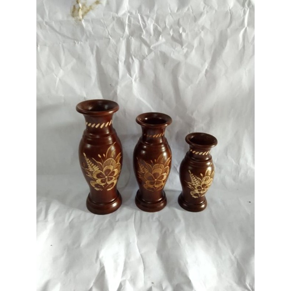 vas bunga kayu jati set idi 3 model guci