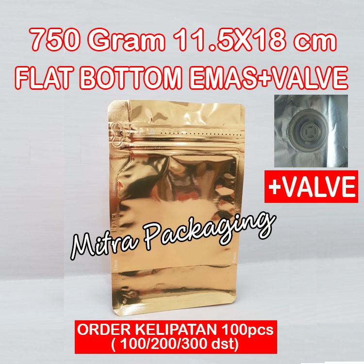 

KPACK Kemasan Kopi 200-250gr Flat Bottom Alumunium Foil Super Padat Emas 750 +Zipper+Valve