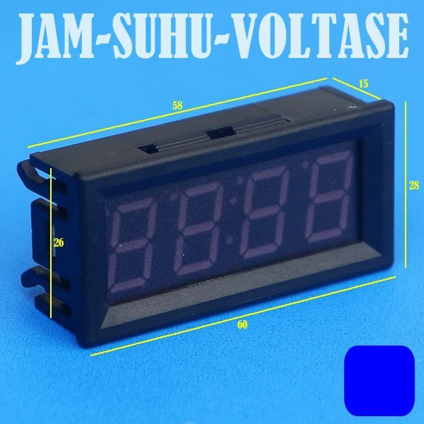 DIGITAL MINI CLOCK WATCH JAM.VOLTASE.SUHU SELECTABLE DC.7-30V BLUE LED