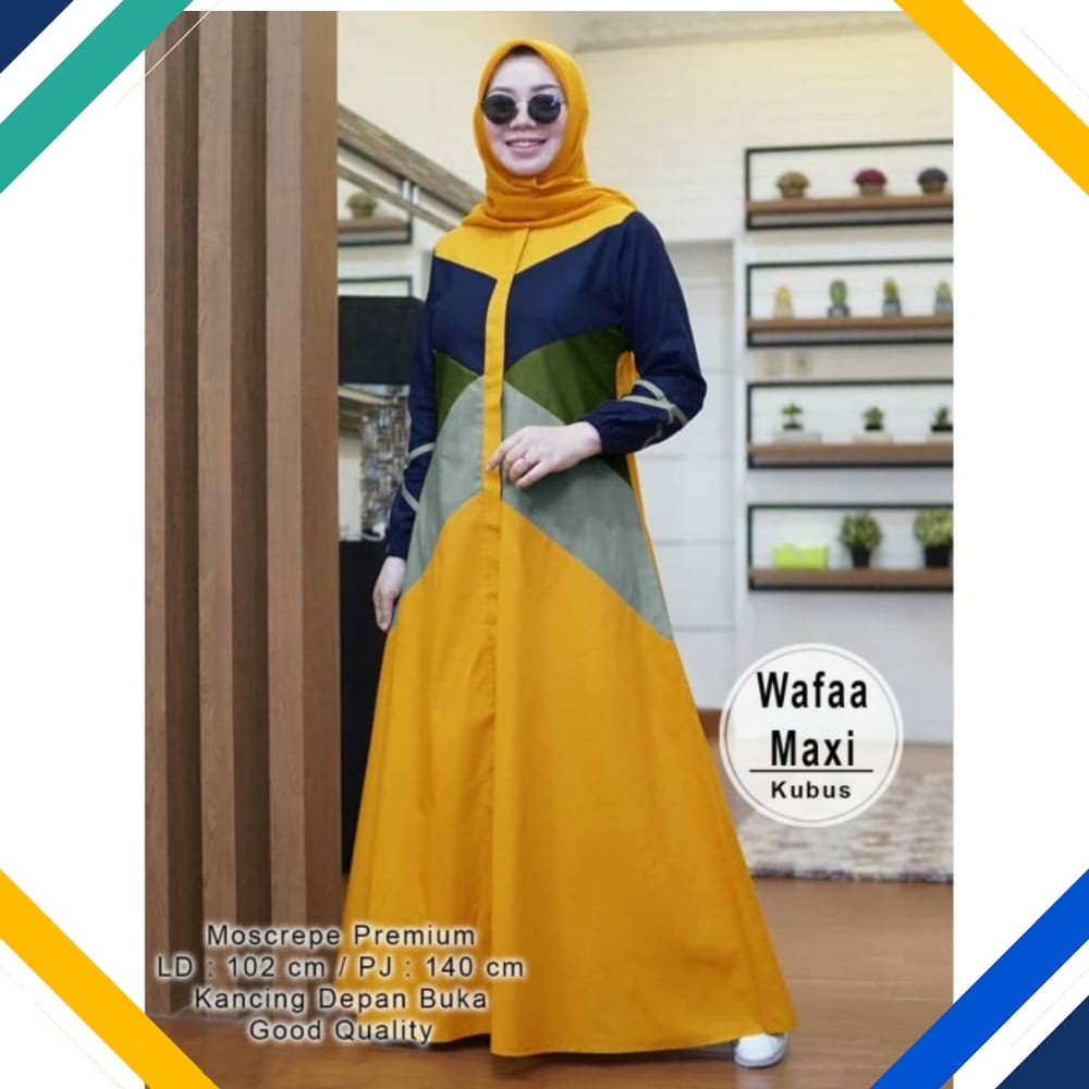 Wafaa Maxy Mustard warna lihat leher Kekinian Gamis 0152 Premium TB7 Baju Gamis