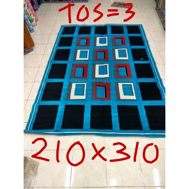 Karpet permadani motif abstrak biru kotak dan bulat