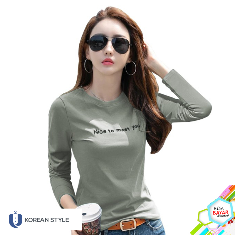 Kaos Tsirt Wanita Polos Lengan Panjang Model Nice To Meet You korea All Size Kekinian