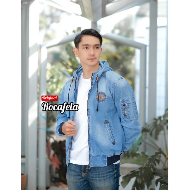 [SIAP KIRIM] JAKET JEANS PRIA KEREN TERBARU ROCAFELA TOPI / JAKET PRIA JEANS ROCAFELA HOODIE ORIGINAL / JAKET BOMBER JEANS PRIA