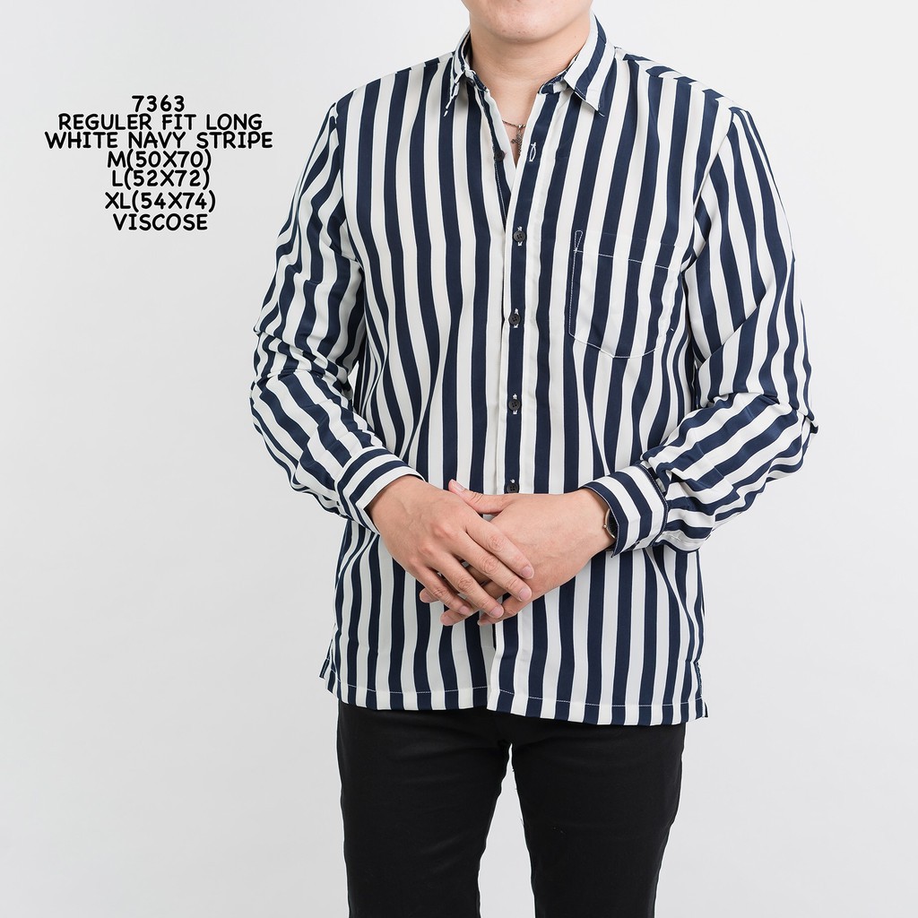 Credo Promo 7363 Kemeja Pria Lengan Panjang Putih Navy Stripe Salur murah