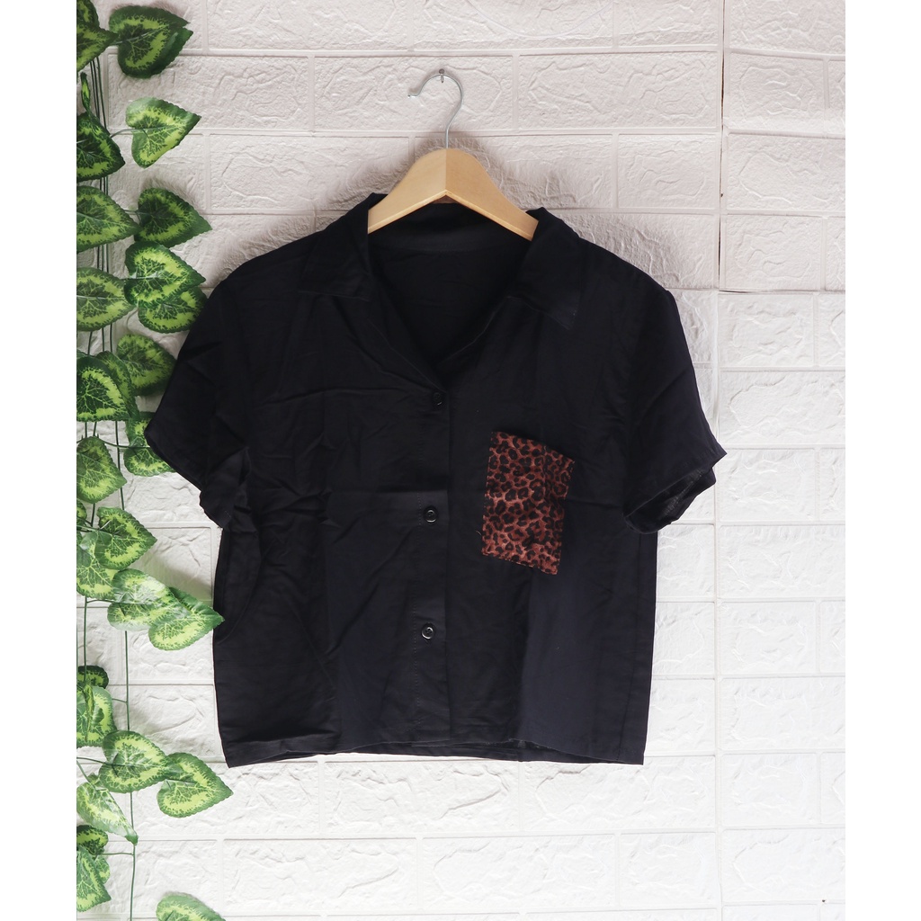 Baju Kemeja Wanita Two Tone Animal Kekinian / Kemeja dua warna / Top Wanita / Atasan Wanita-Hitam Polos
