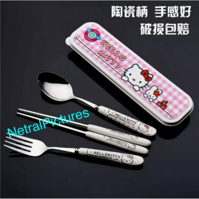 Set Sendok Garpu Sumpit Gagang Keramik + Tempat