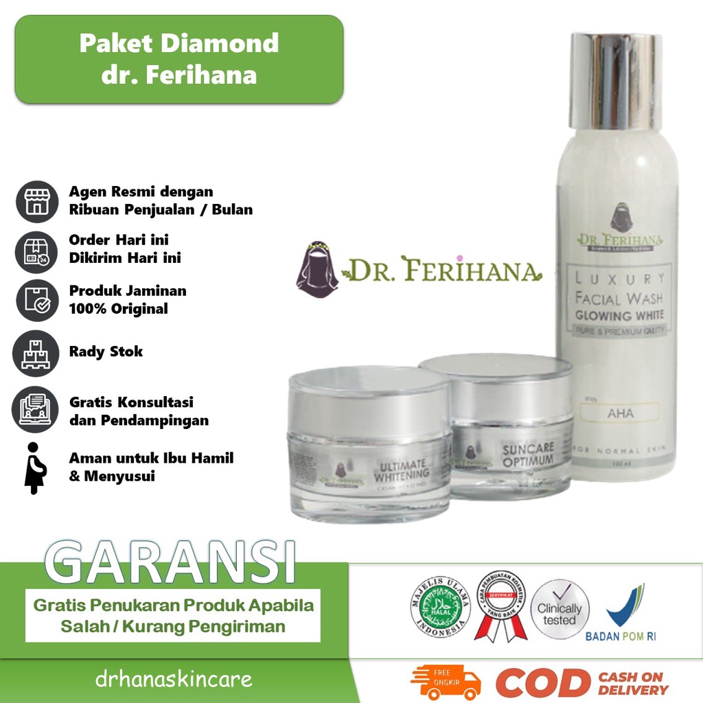 Paket Diamond dr. Ferihana Cosmetics &amp; Skincare Merupakan Rangkaian Produk untuk Mencerahkan Mencegah dan Memudarkan Flek Sekaligus Mampu Mengatasi Milia pada Kulit Wajah Berbahan Alami Terdaftar BPOM LPPOM MUI