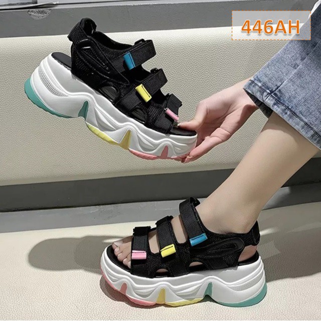 Sandal Gunung Tali Wanita Cathy Fahion Kasual Korea Sol Tebal 5 Cm (WA412)-Fula Hitam