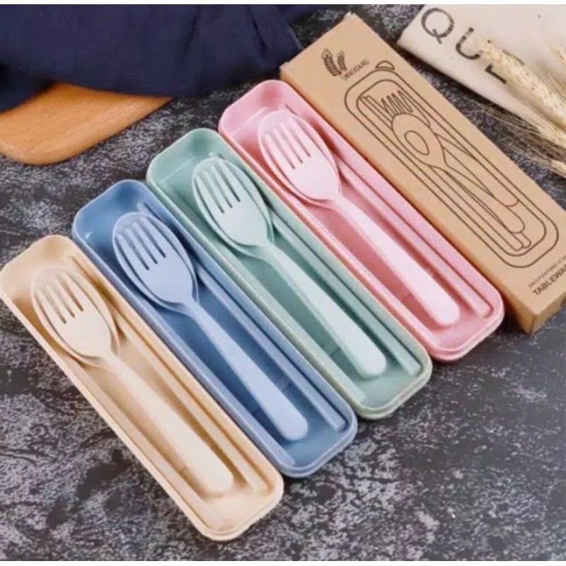 TAKASIH Sendok Jerami Gandum Cutlery Set Alat Makan Sendok Plastik Set Garpu BOX