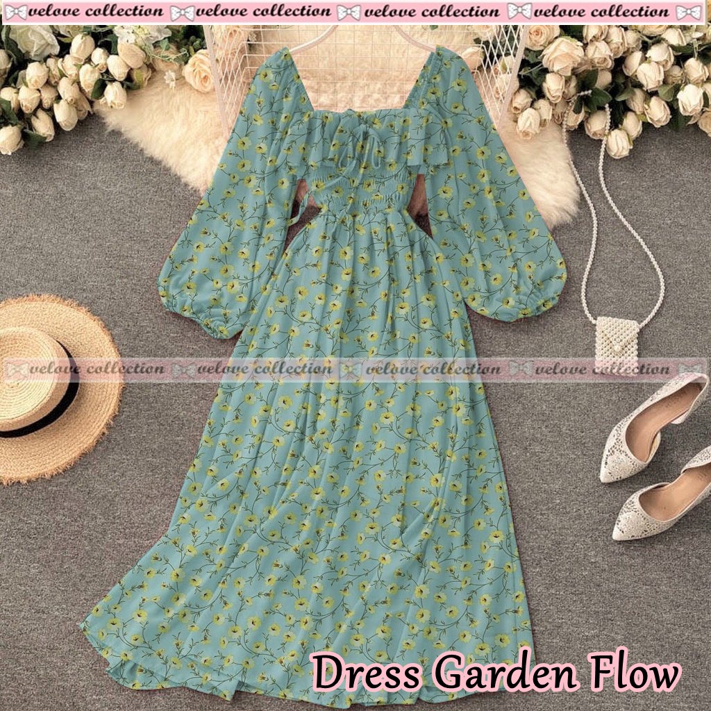 JONKA FASHION - Dress Sora Flower Fashion Wanita Gaya Vintage Dress Casual Terbaru-6231 Hijau Mint Flow