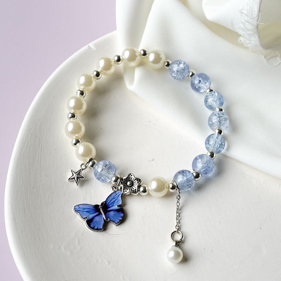 Lovely Crystal Beads Butterfly Charm Fortune Bracelet for Women Girls Wrist Chain Bangle Jewelry