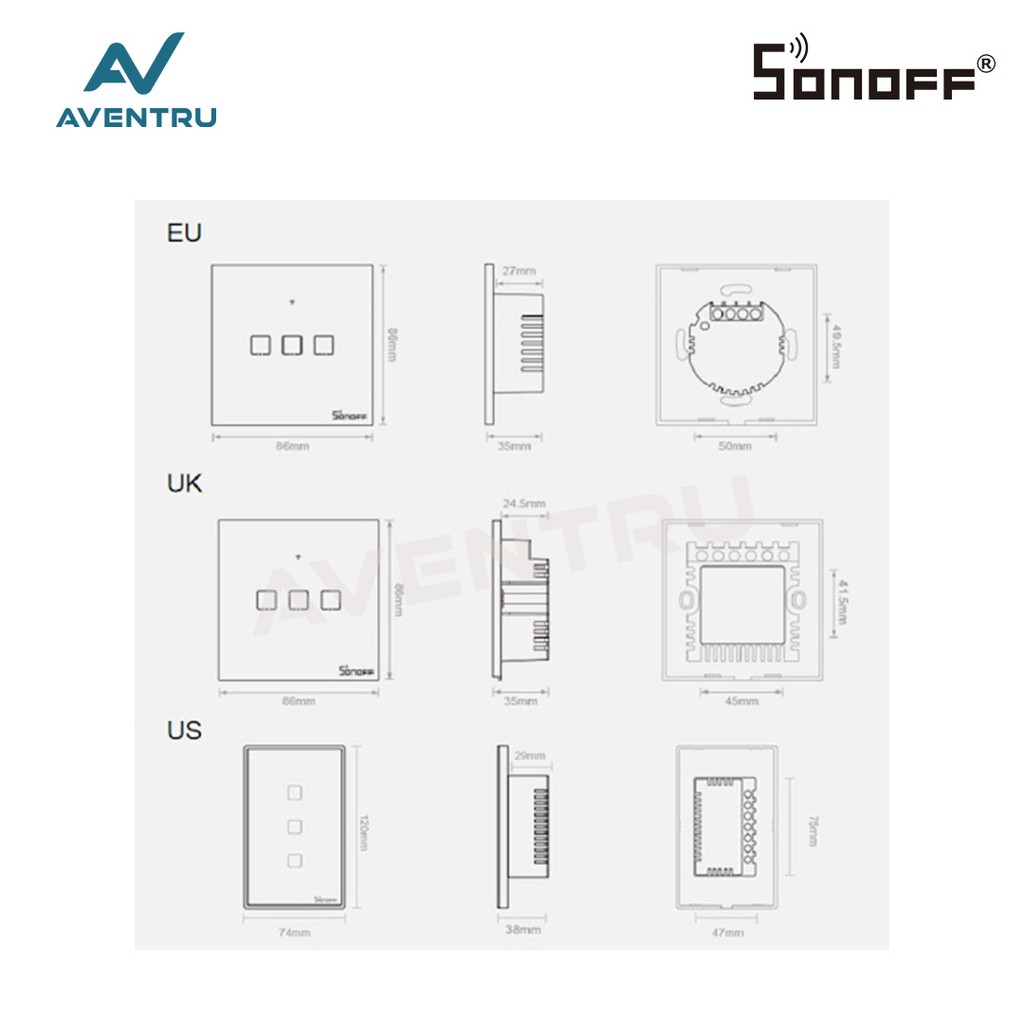 Sonoff touch TX T3 EU 3Gang WiFi &amp; RF 433Mhz Wall Touch Smart Switch
