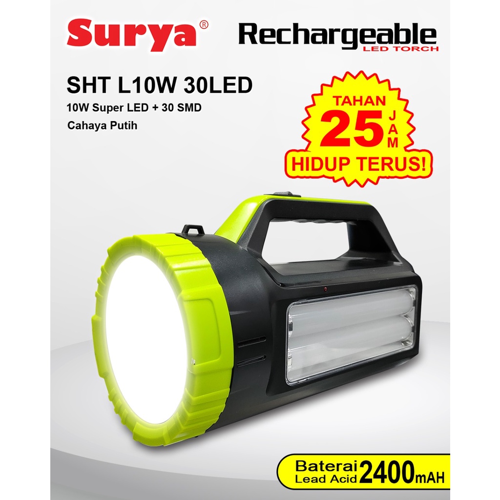 Surya Senter LED Super Terang 2 in 1 SHT L10W 30LED LAMPU PUTIH Rechargeable 25 Jam 1000 Meter