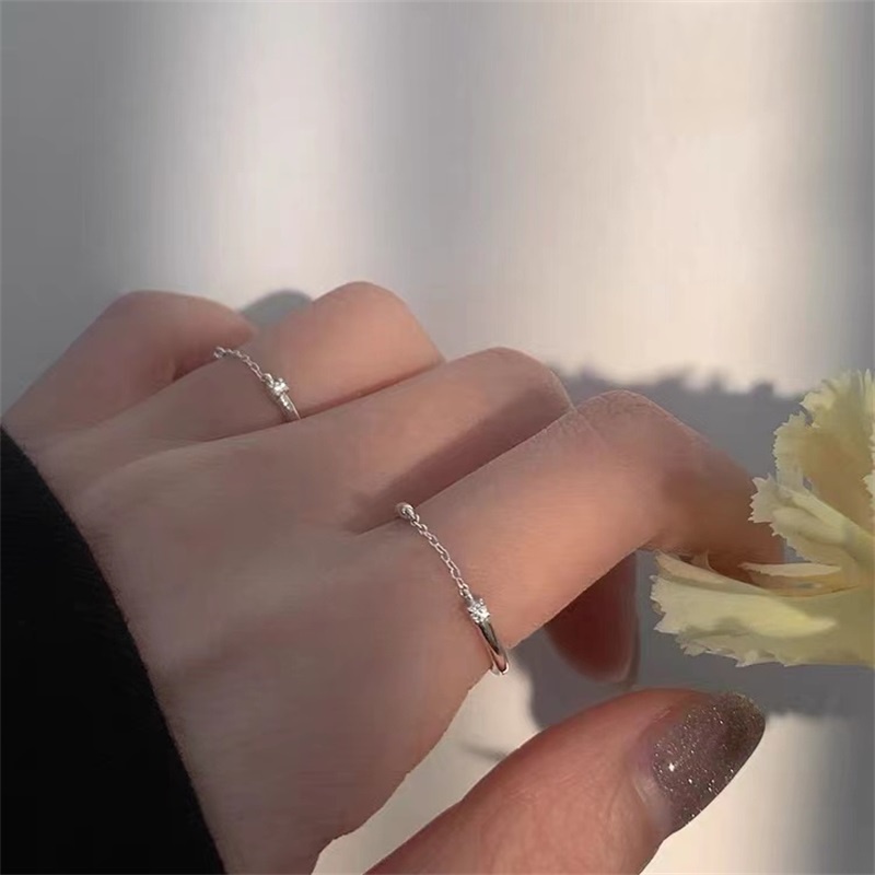 Cincin Model Terbuka Adjustable Bahan 925 Silver Aksen Rantai Zirkon