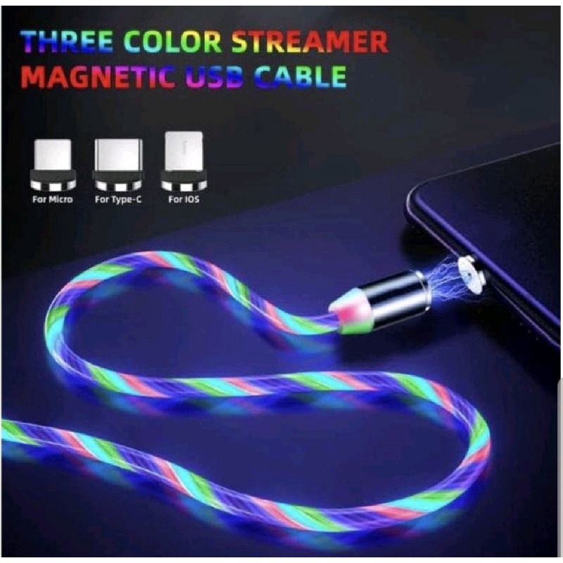 Kabel Data Charger Magnet Full LED 3in1 iPhone Micro Type C Support 2A