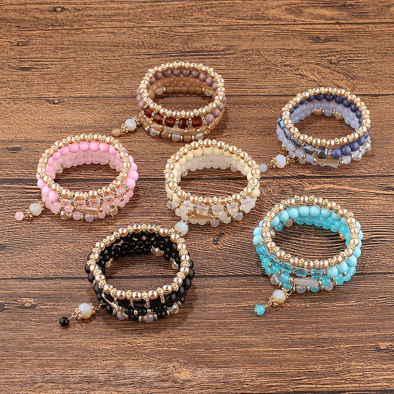 4 / 5 / 6 Pcs Gelang Manik-Manik Batu Kristal Alami Multilayer Elastis Gaya Bohemian Untuk Wanita