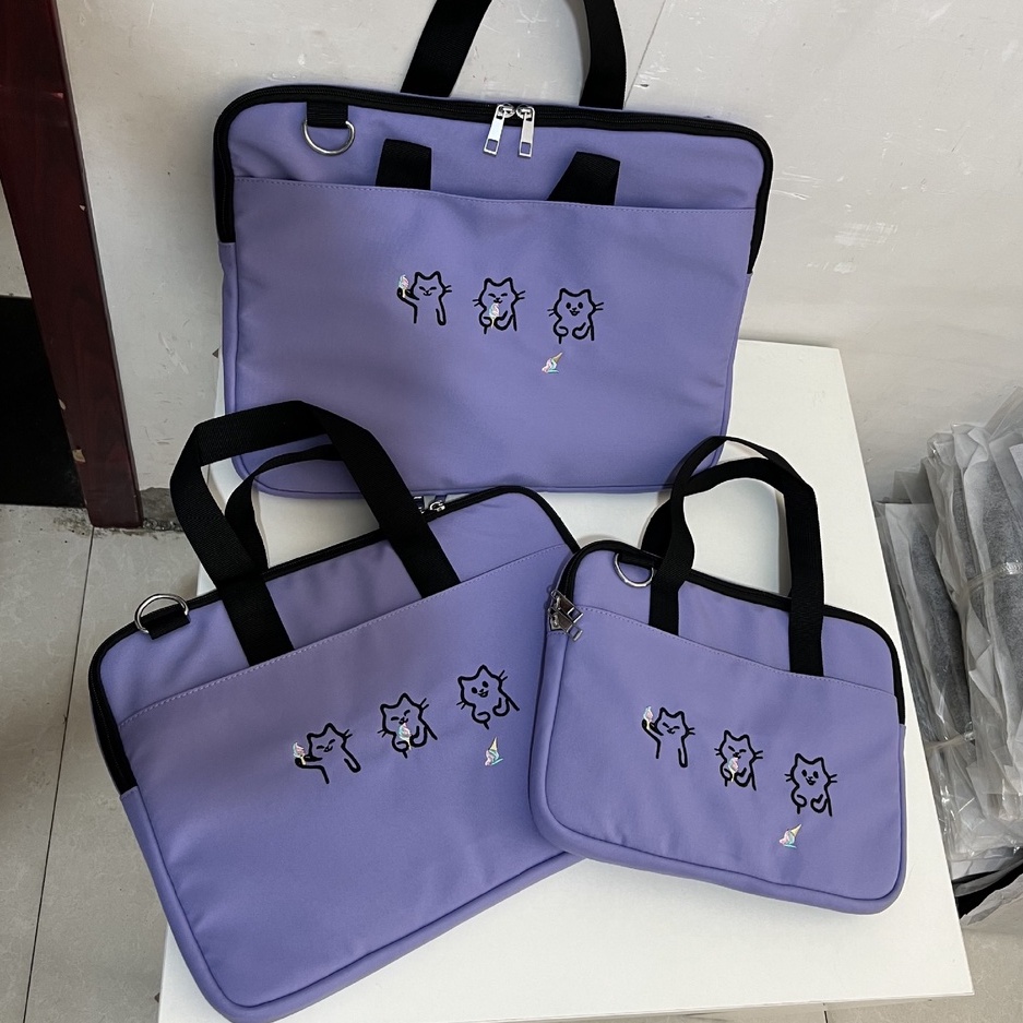 Sleeve Pouch Sarung Tas Bag Case Ipad Tab Tablet Macbook Air Pro Laptop Asus Acer Lenovo HP Huawei 11 12 13 14 15 inch Motif Gambar Kartun Bear Cat Warna Coklat Khaki Purple Ungu Cute Murah Korean Model Jinjing Tali Strap Selempang