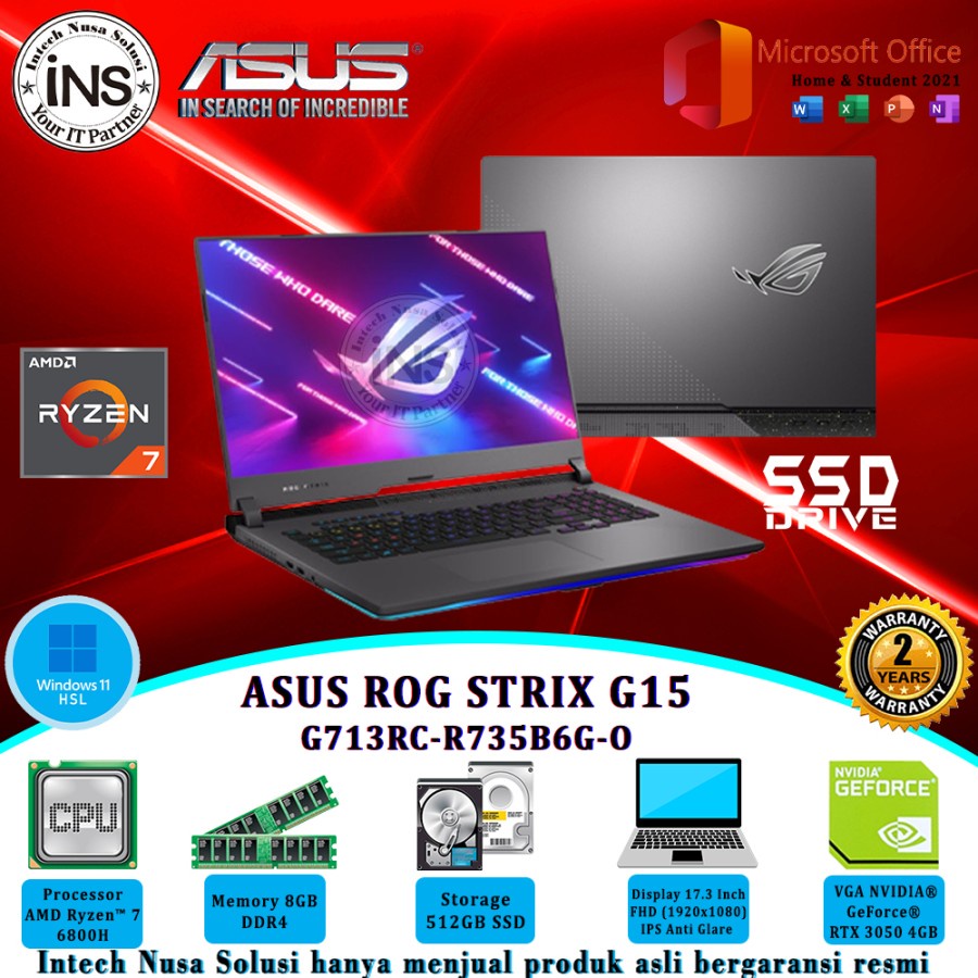 ASUS ROG Strix G15 G713RC Ryzen 7 6800H 8GB 512GB SSD RTX3050 WIN11HSL OHS 21 2YR