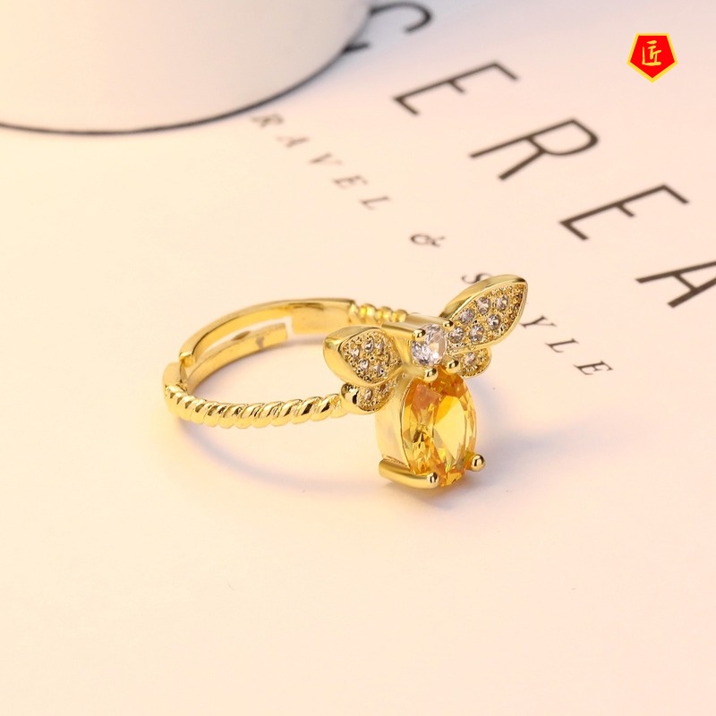 [Ready Stock]Colored Gems Citrine Little Bee Gold Ring