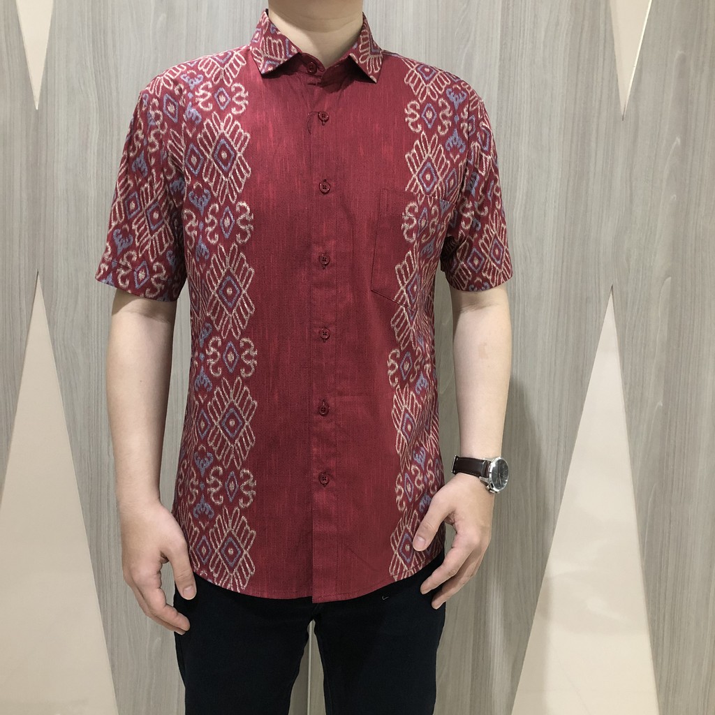 [GRIDLINE - R070 Maroon] Kemeja Batik Pria Katun Lengan Pendek Regular songket seragam keren lebaran best premium tebal adem