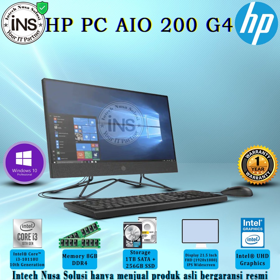 HP PC AIO 200 G4 69PA i3-10110U 8GB 1TB SATA + 256GB SSD DVDRW WIN10PRO 1YR