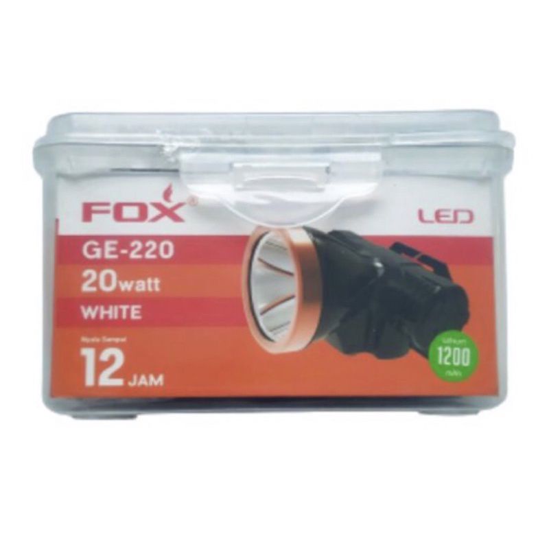 senter kepala FoX GE 220 20 watt lampu led putih headlamp charge cas lensa kuning harga murah kualit