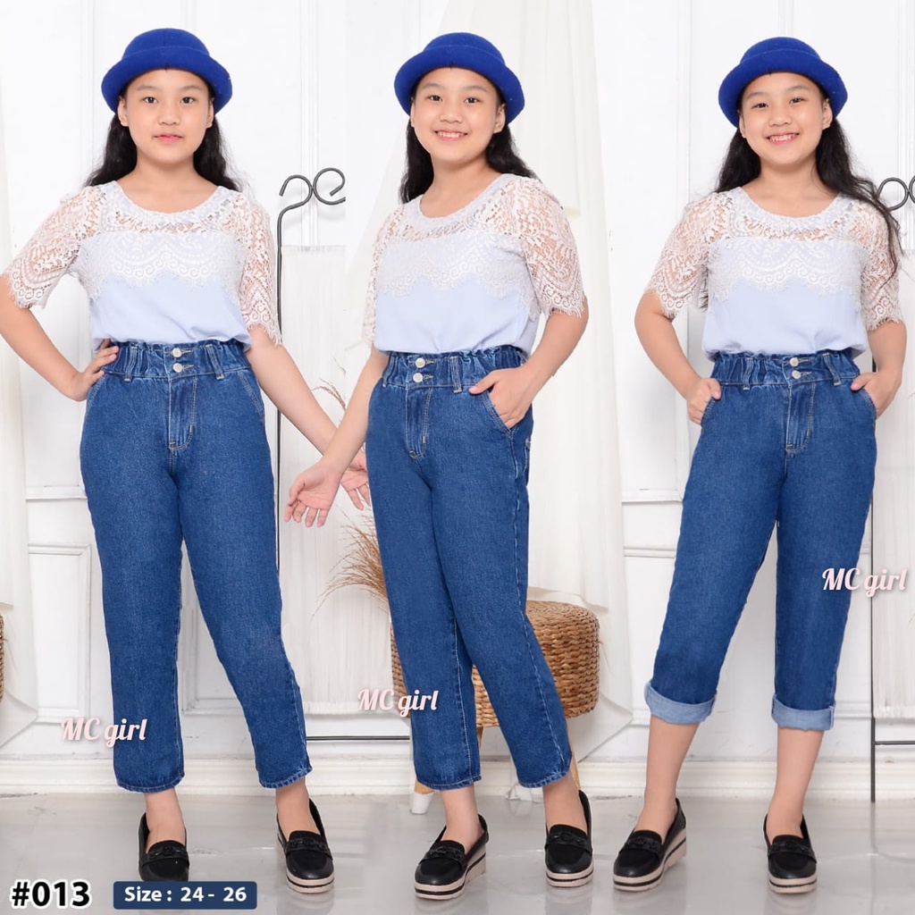 ( Size 24 - 26 ) MC girl - Celana Jeans Boyfriend Pinggang Karet Anak Perempuan / Boyfren Kancing Dua Anak Tanggung / Boifren Panjang Lepis Kancing 2 Anak Remaja