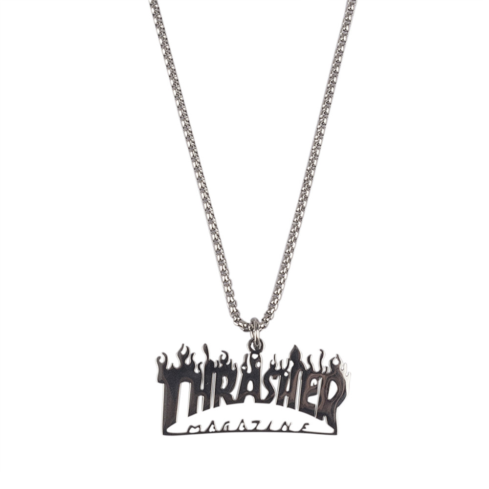 【COD Tangding】Kalung Rantai Dengan Liontin Api Thrasher Majalah Gaya Hip Hop Untuk Pria