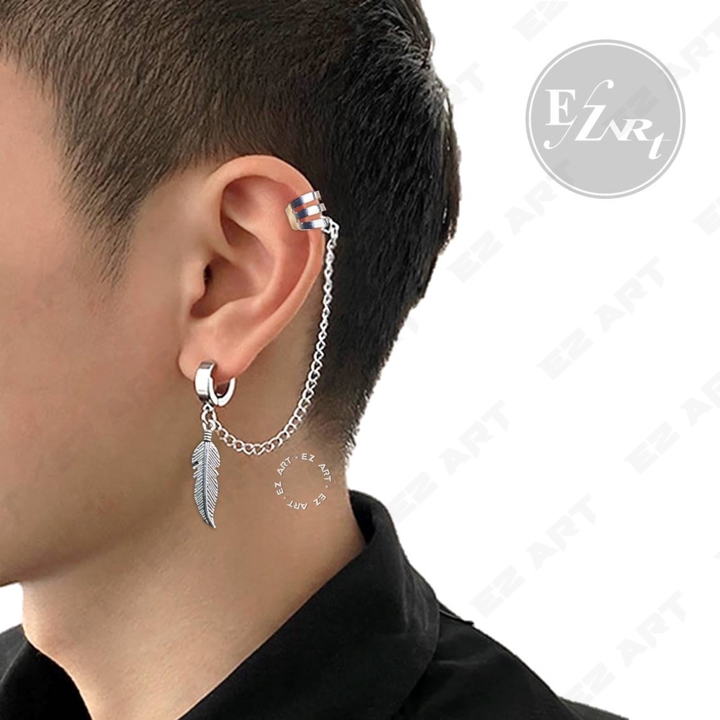 premium ezr - anting kpop fashion cowok ear clip sambungan rantai silver hitam jepit tusuk pria