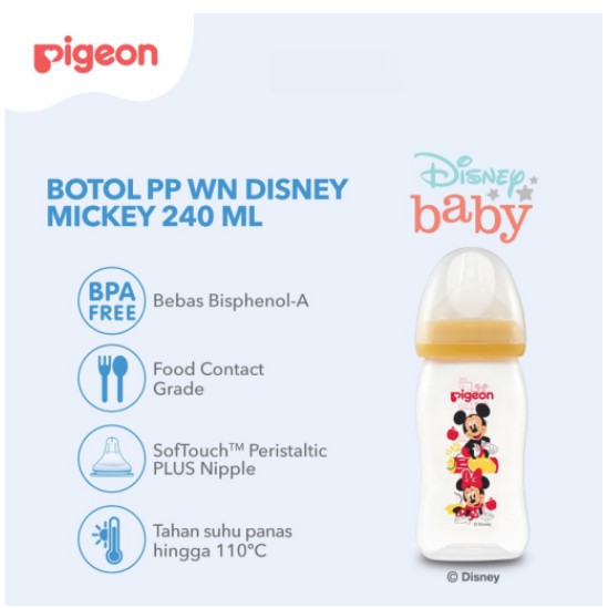 Pigeon Botol PP Wide Neck 240ml Mickey W/P-Plus Nipple - Botol Susu Bayi