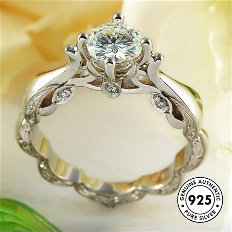 Cincin Sterling Silver 925 Elegan Dengan Ukiran + Berlian Untuk Wanita