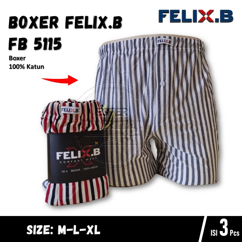 Felix.B Celana Boxer Pria FB 5115 ISI 3Pcs Motif Salur