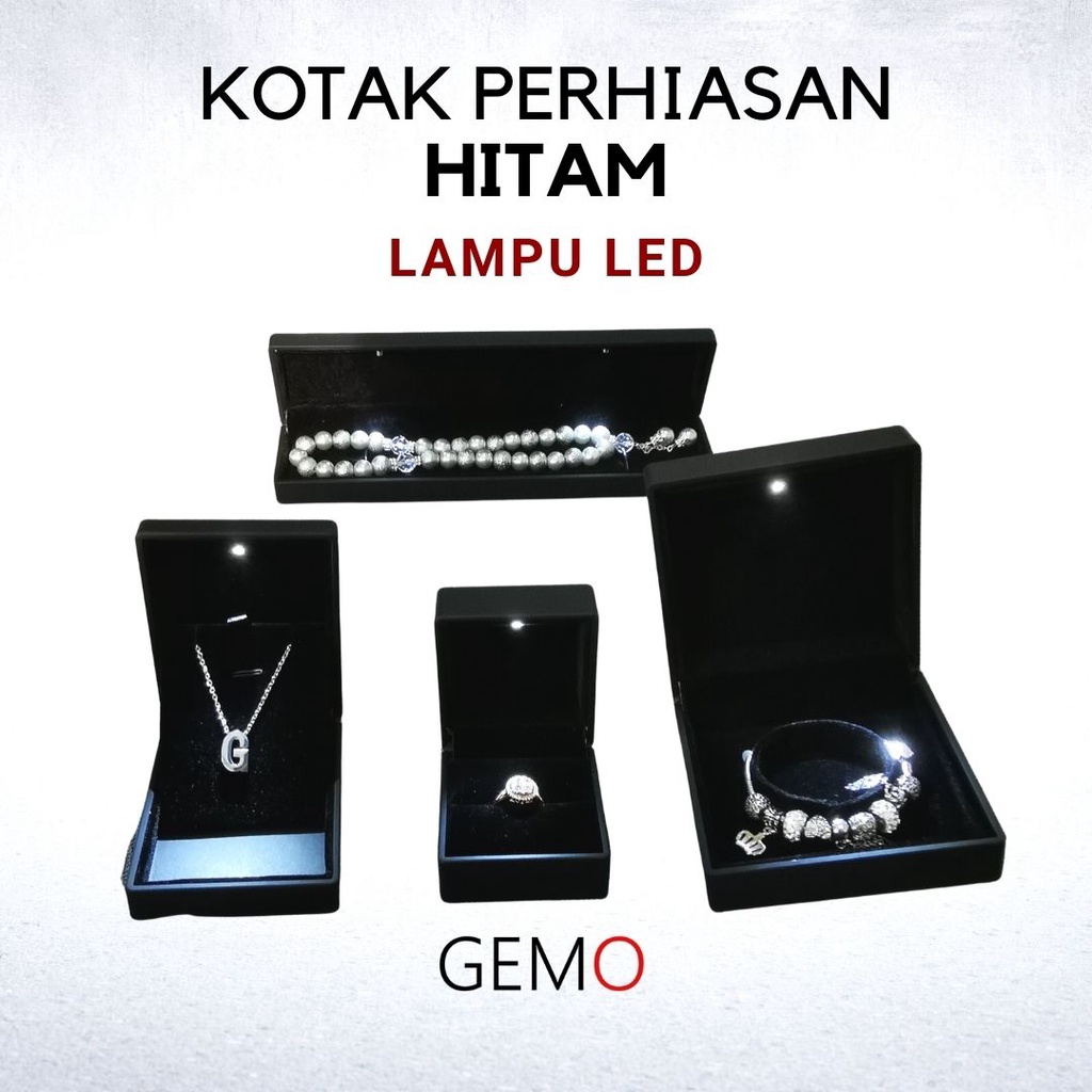 Kotak Perhiasan Berlampu Warna Hitam Set / Cincin / Liontin / Gelang / Kalung Koye / Jewelry Box Tempat Perhiasan Lampu LED Murah Cocok Untuk Gift / Hadiah, Lamaran, Mahar Pernikahan, Hantaran Tunangan, Seserahan Pernikahan