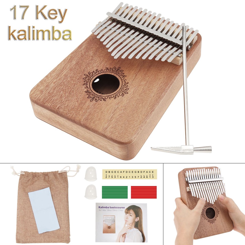 Kalimba Thumb Piano 17 Kunci Bahan Kayu Mahoni Solid Dengan Stiker Nada