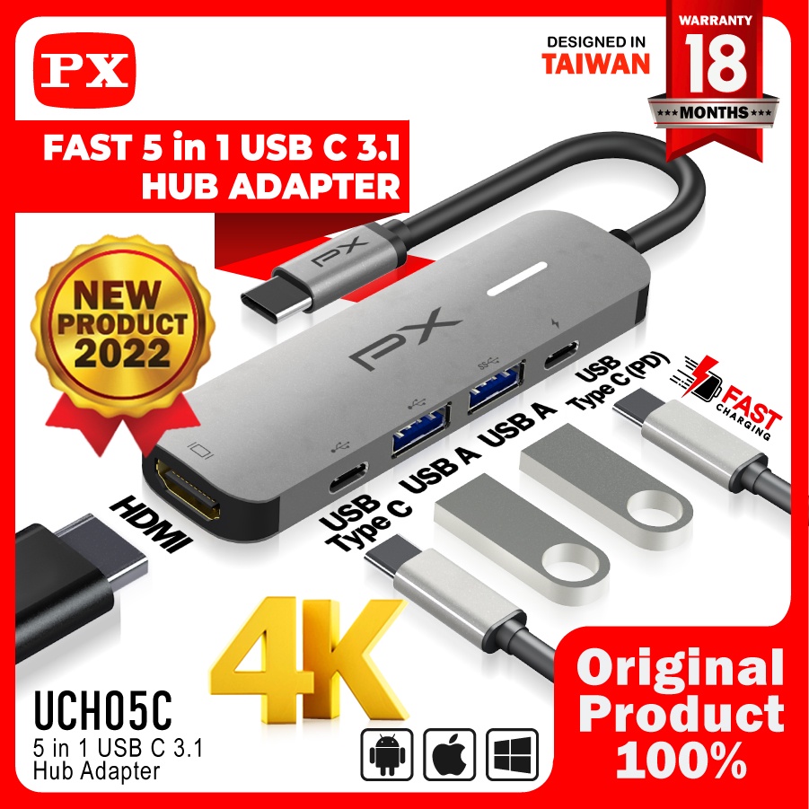 USB HUB TYPE C 3.1 THUNDERBOLT 3 HDMI 4K FAST CHARGING 5in1 PX UCH05 UCH05C